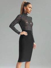 Turtleneck Rhinestone Black Midi Bodycon Dress