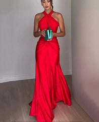 Red Twisted Pleated Halter Neck Sleeveless Floor Length Dress