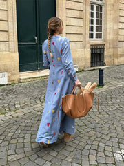 Printed Lapel Shirt Long Sleeved Maxi Dress