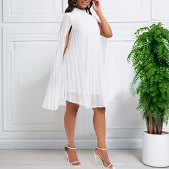 Chiffon Ruched Cloak Half High Neck Pleated Solid Short Dresses