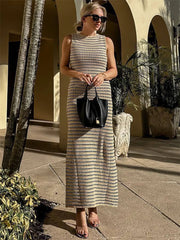 Striped High Waist Patchwork Knit Maxi Dress