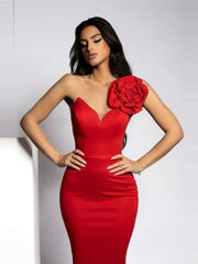 One Shoulder Diamonds 3D Flower Red Long Dress