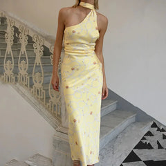 Yellow Printed Halter Hollow Out Long Dress