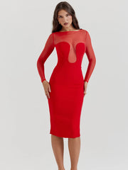 Mesh Patchwork Long Sleeve Solid Midi Dress For Women