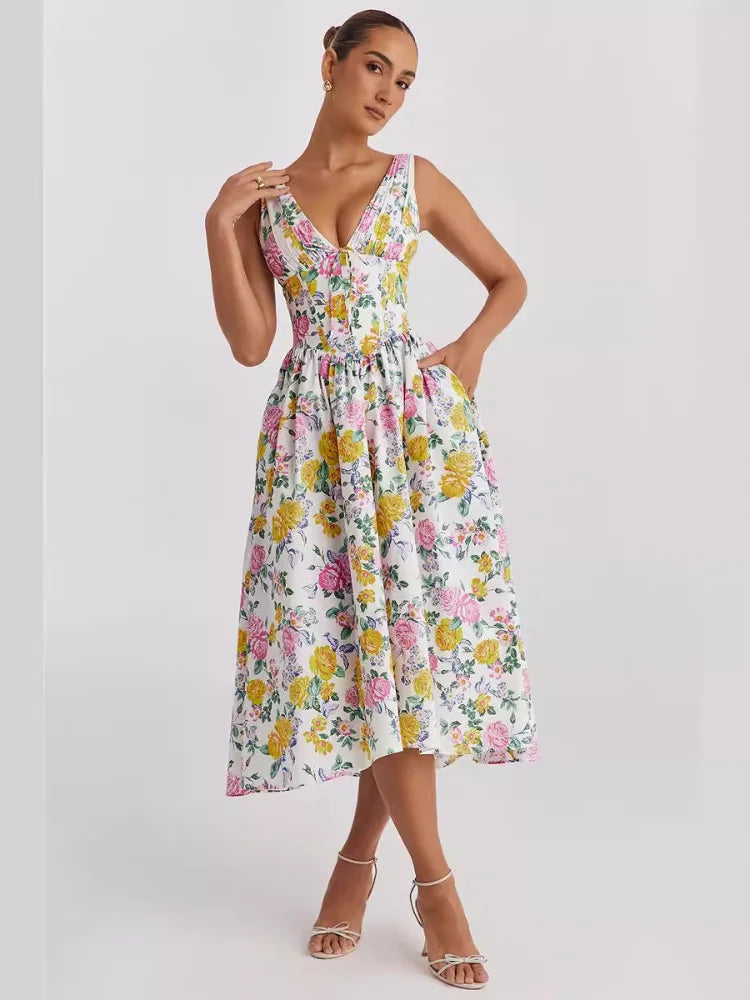 Print Deep V Neck Pleated Midi Dress With Pocket