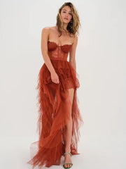 Mesh Irregular Ruffle Edge Long Skirt and Top 2 Piece Set