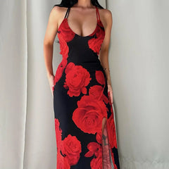 Rose Print Halter Neck Maxi Dress