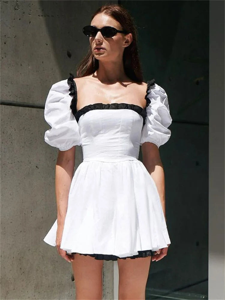 Contrast Patchwork Short Sleeve Ruffled Women Dress