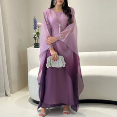 Satin Gradient Printed Batwing Sleeve Long Dress