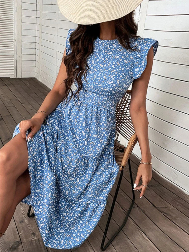 Women Printed High Waist Flying Sleeve Midi Dresses