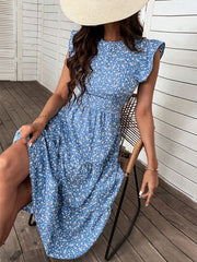 Vintage Print High Waist Flying Sleeves Midi Dresses