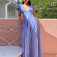 Puff Short Sleeve Striped Long Dress