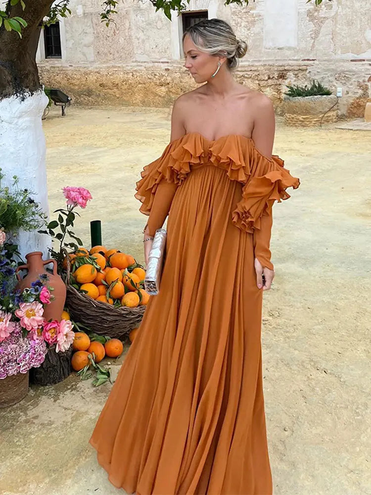 Solid Ruffled Off Shoulder High Waist Maxi Dress