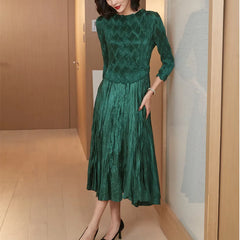 Folds Long Sleeve Pleated Solid Midi Dress