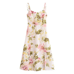 Flower Leaves Print Corset Hem Slit Lacing up Sling Midi Dress