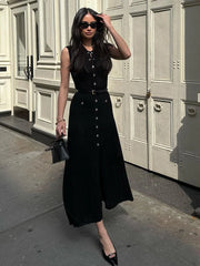 Buttons Solid Knitted Round Neck Long Dress