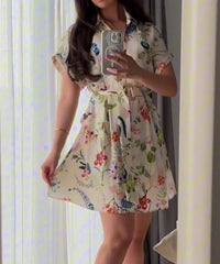 Printed Turn-Down Collar Short Sleeve Belt Mini Dress