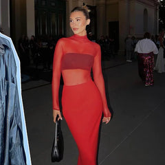 See Through Mesh Red Turtleneck Long Dress