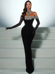 Off Shoulder Diamonds Crystal Black Maxi Dress