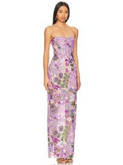 Strapless Purple Embroidery Flower Long Dress