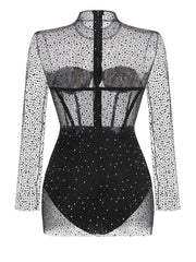 Mesh Crystal Long sleeves See Through Bodysuit