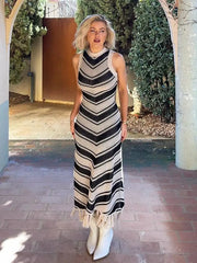 Knitted Tassel Striped Long Dress Bohemian Beachwear