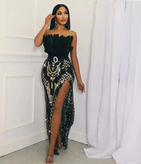 Sequined Strapless Open-Back Long Split Dress