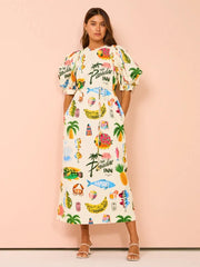 Printed Short Sleeve Empire Waist Loose Midi Drsses