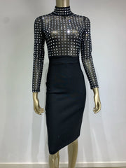 Turtleneck Rhinestone Black Midi Bodycon Dress