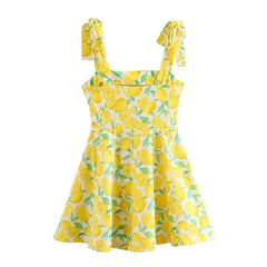 Yellow Print Bow Lace Up Mini Dress