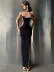 Studded Diamonds Beading Split Black Maxi Dress