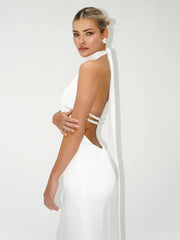 White Halter Wrap Neck Beaded Backless Satin Maxi Dress 