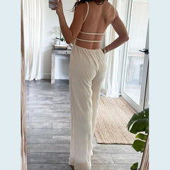 Hollow High Waist Open Back Textured Jumpsuit