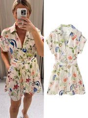 Printed Turn-Down Collar Short Sleeve Belt Mini Dress