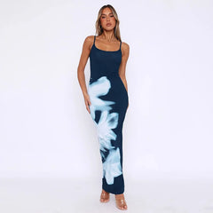 Blue Print Floral Spaghetti Strap Long Dress