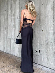 Satin Spaghetti Straps V-Neck Lace Maxi Dress