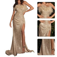 Sequins Open Shoulder High Slit Long Dress with Feathers