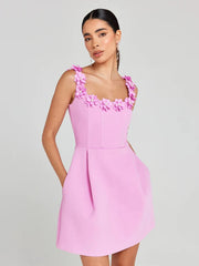 Pink 3D Flower High Waisted Mini A-Line Dress 