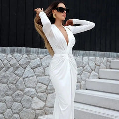 Split Solid Long Sleeve Deep V Neck Dress