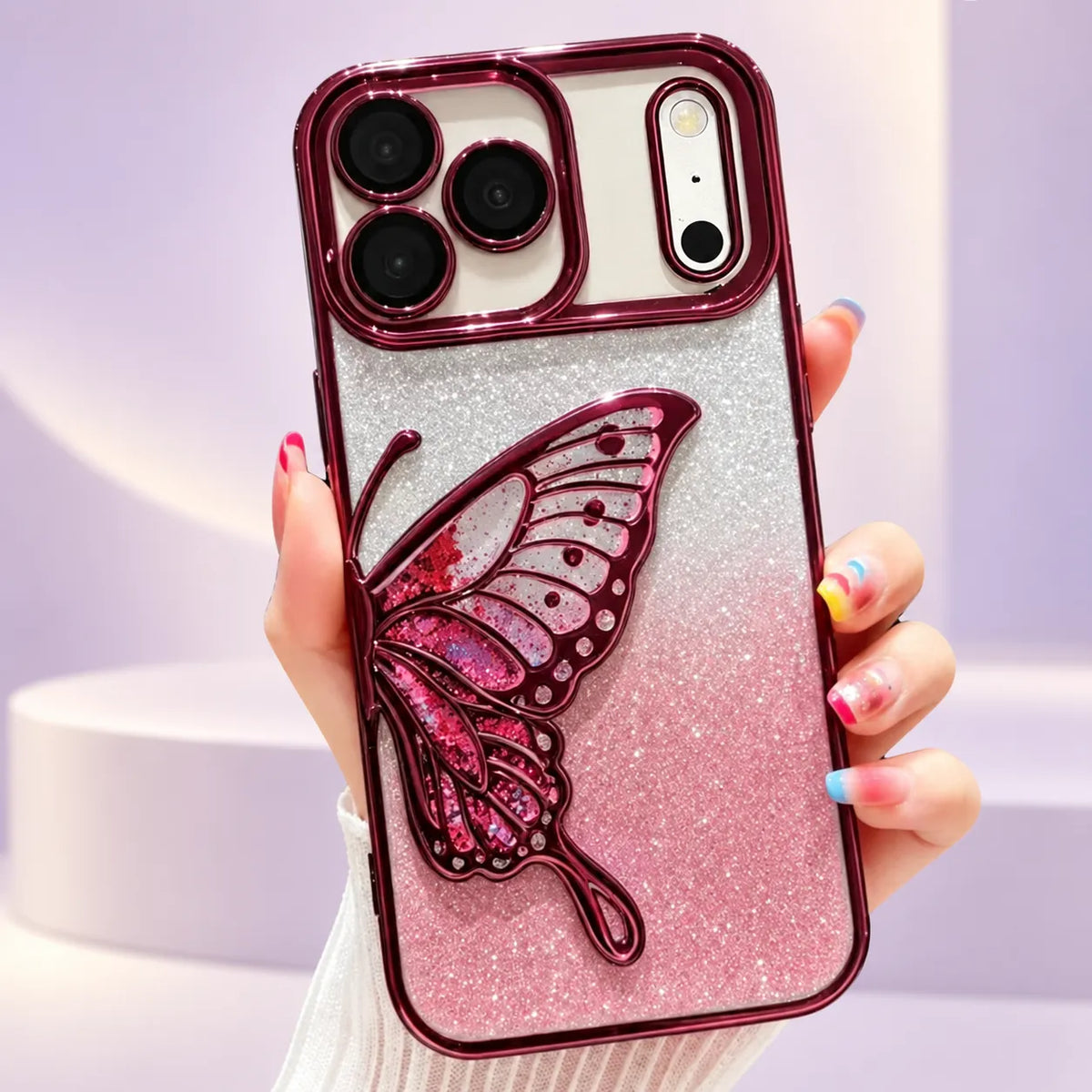 iPhone 18/17/16/15/14/13/12 3D Butterfly Glitter Case with Electroplated Shiny TPU Design