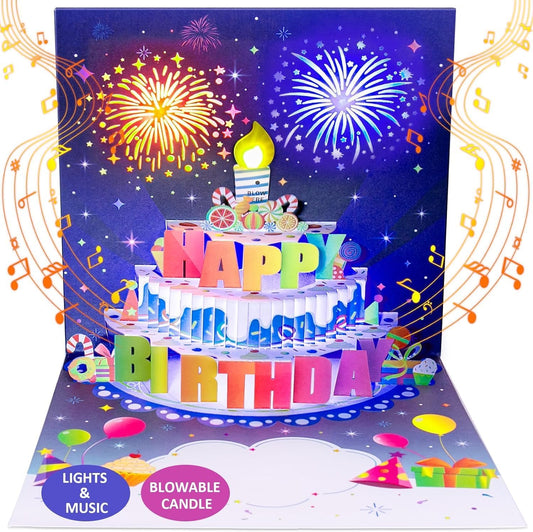 🎂Birthday Cards With Fireworks & Pop Up Cake & Blowable Light and Music
