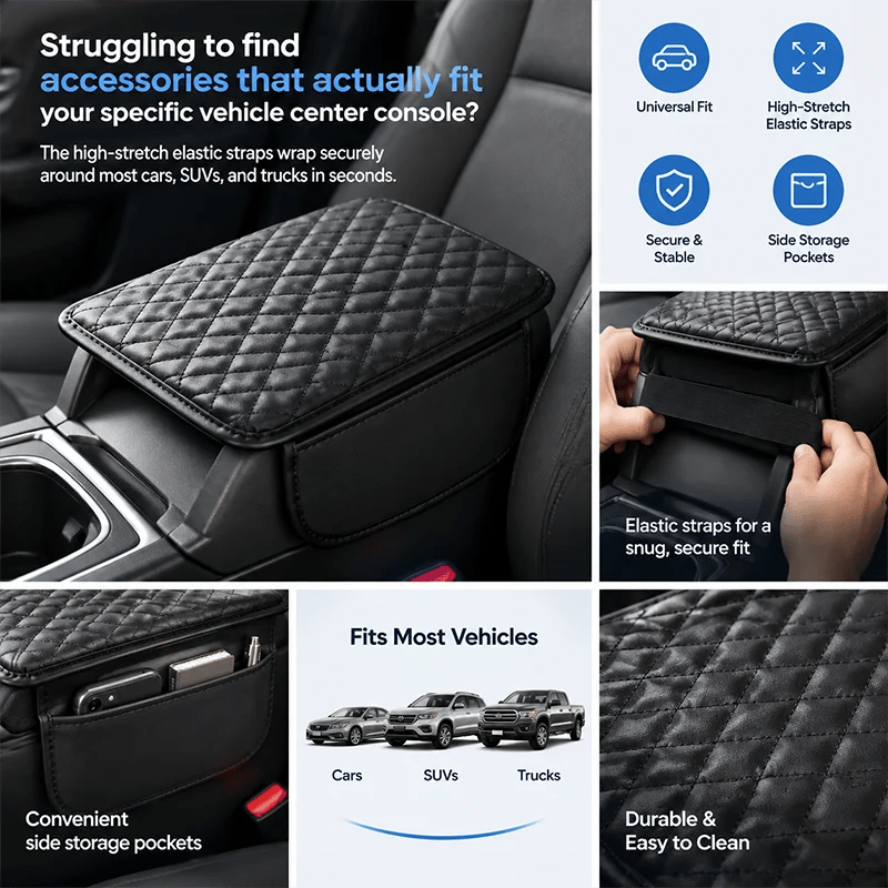 Multifunctional Car Armrest Cushion – Padded Console Cover with Built-In Storage