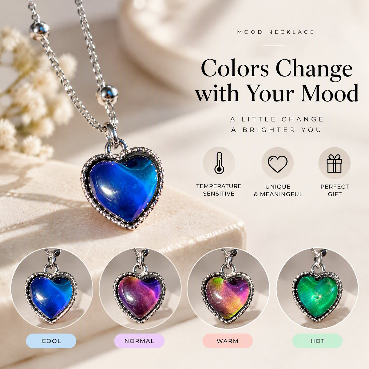 💖 Color-Changing Heart Necklace – 🌡️ Temperature-Sensitive Mood Jewelry Gift for Women 🎁