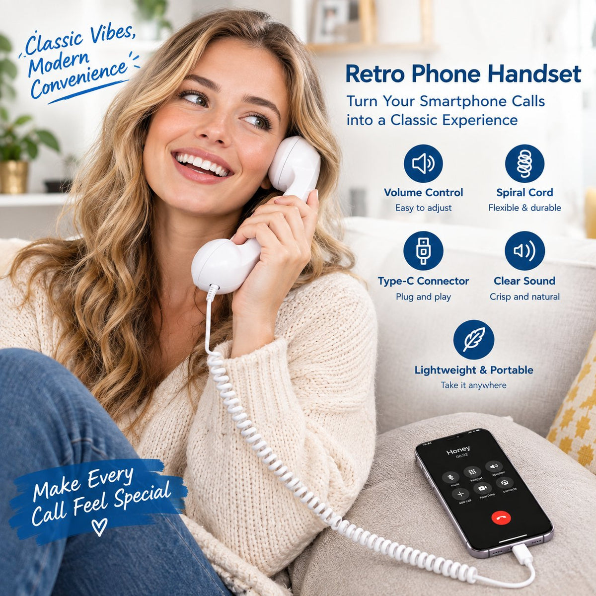 Retro Phone Handset for iPhone & Android | Vintage Type-C Wired Phone Receiver with Mic & Volume Control