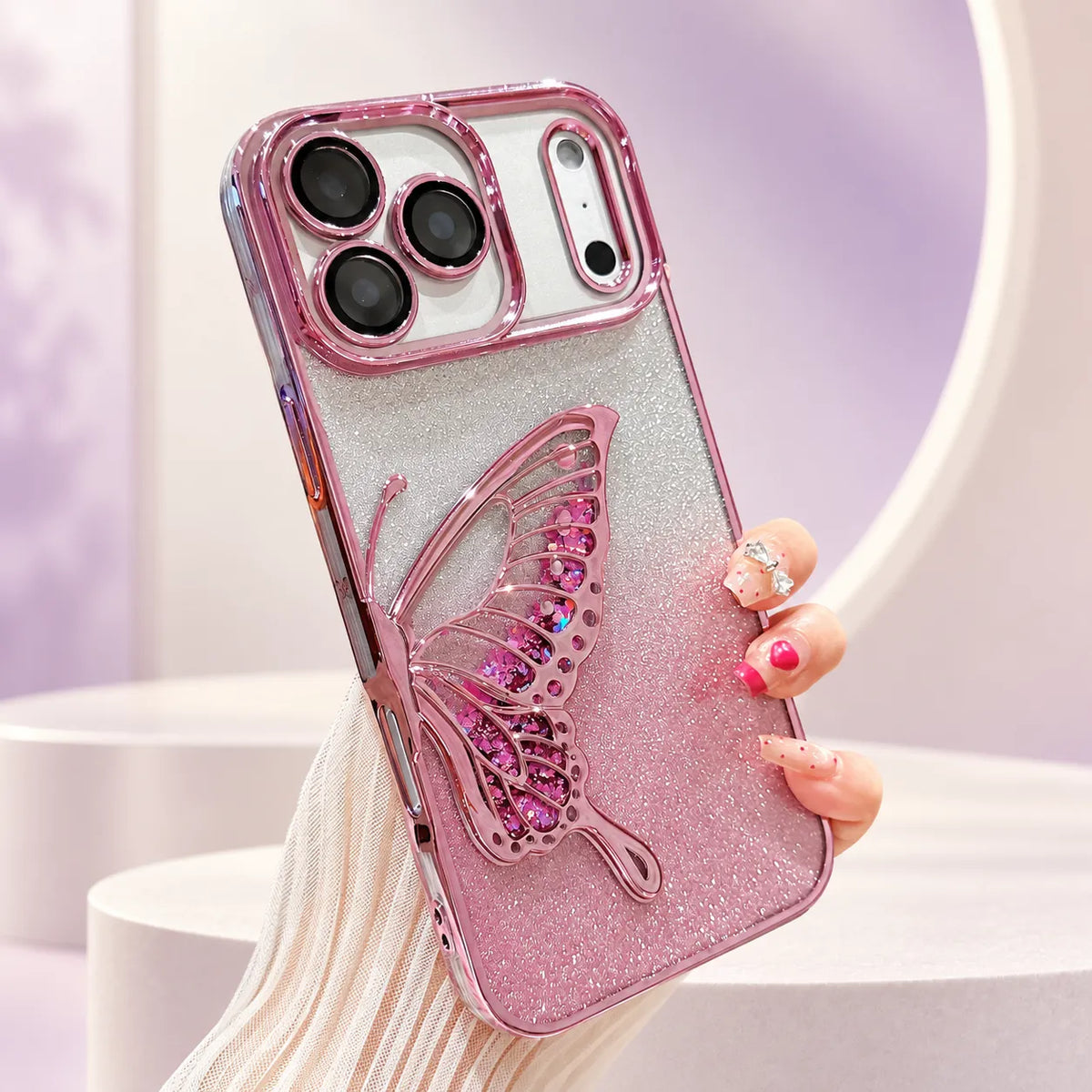 iPhone 18/17/16/15/14/13/12 3D Butterfly Glitter Case with Electroplated Shiny TPU Design