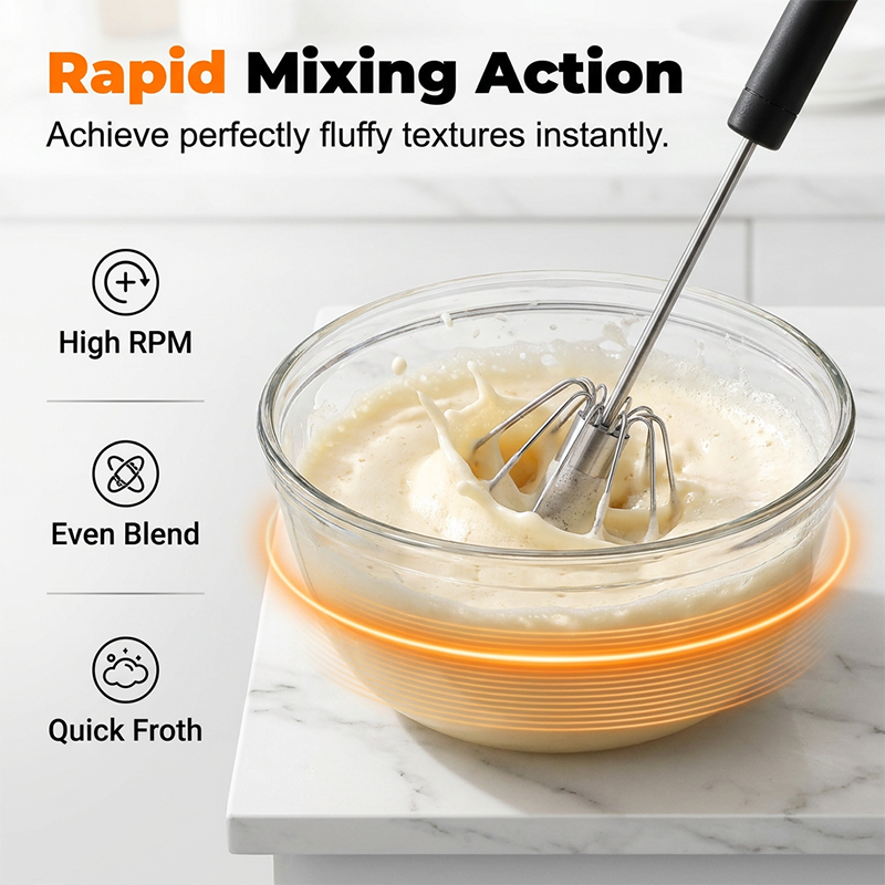 🍳A practical kitchen essential! This push-action whisk features a non-slip handle and durable stainless steel construction—all at an affordable price.