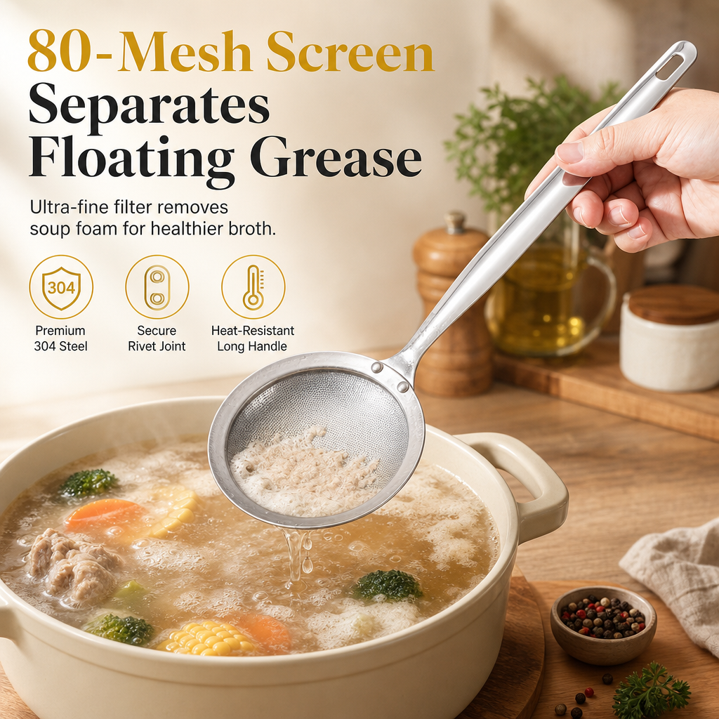 🥣Fine mesh skimmer – removes grease, foam and residue in one smooth motion