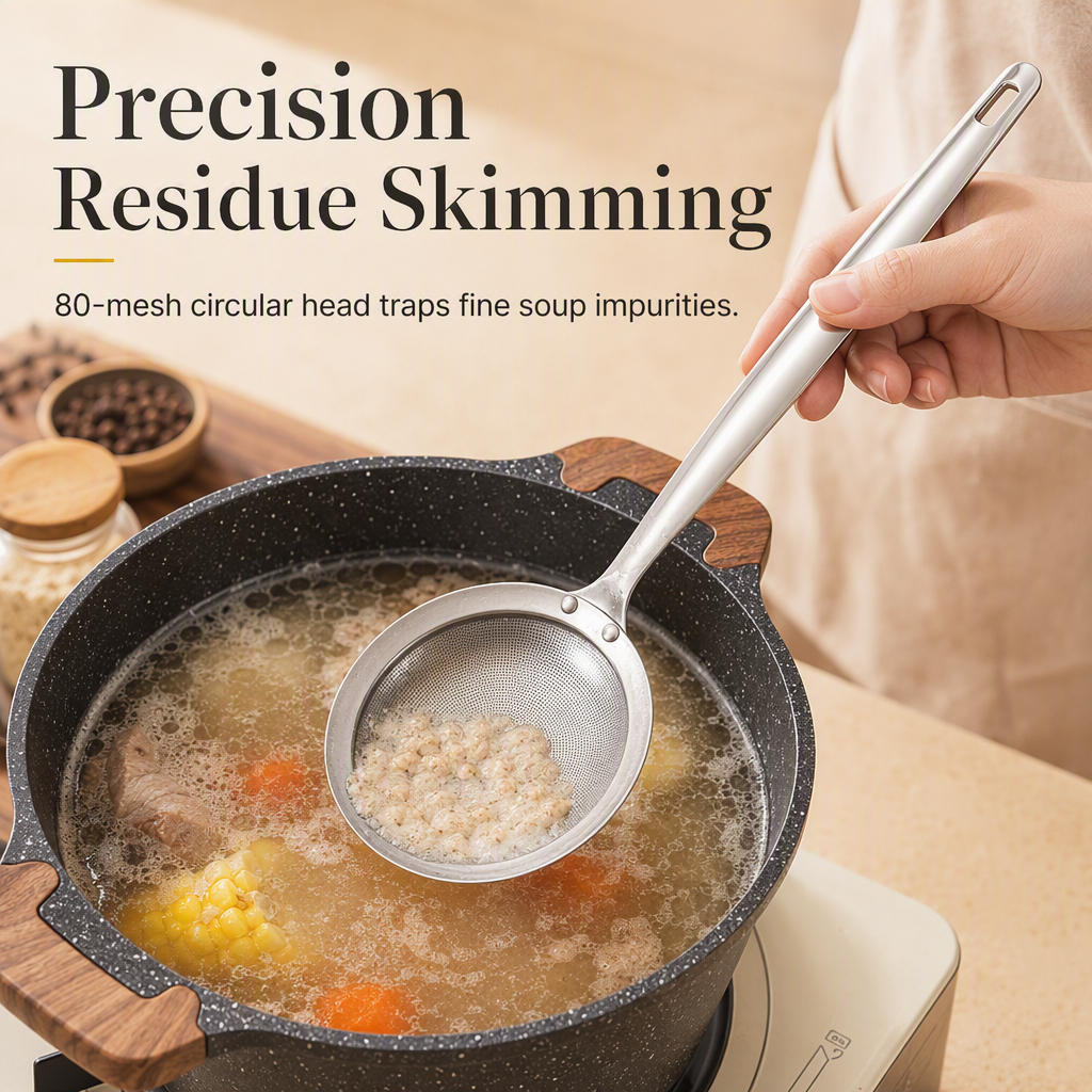 🥣Fine mesh skimmer – removes grease, foam and residue in one smooth motion