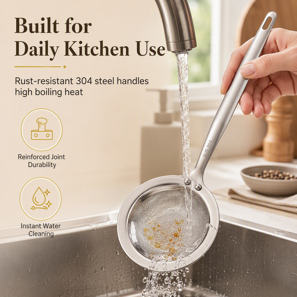 🥣Fine mesh skimmer – removes grease, foam and residue in one smooth motion