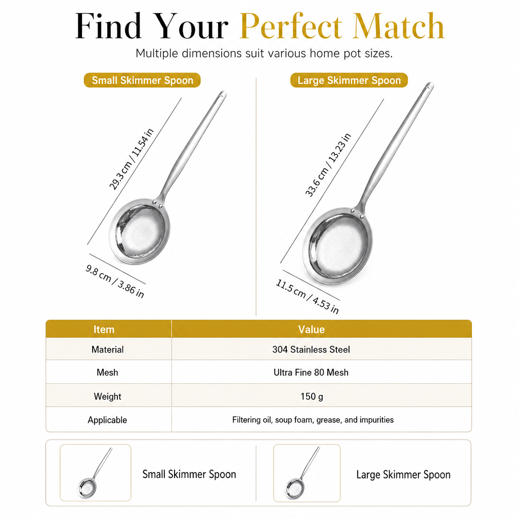 🥣Fine mesh skimmer – removes grease, foam and residue in one smooth motion